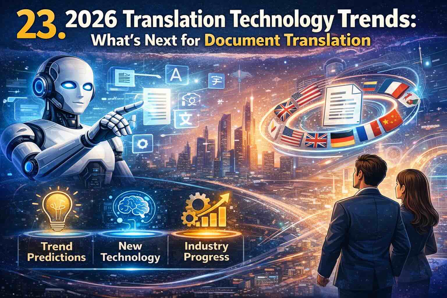Futuristic visualization of 2026 translation technology trends with AI and machine learning